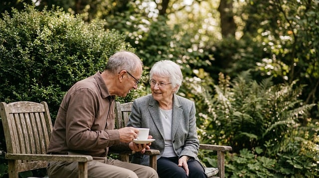 Two residents sitting on a wooden bench enjoying a drink in the garden